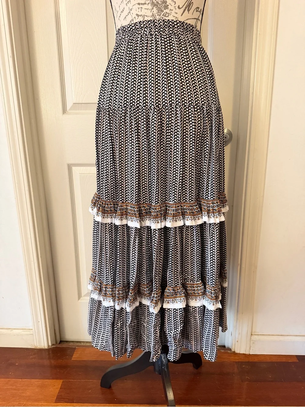 Tiered Black & White Printed Midi Skirt